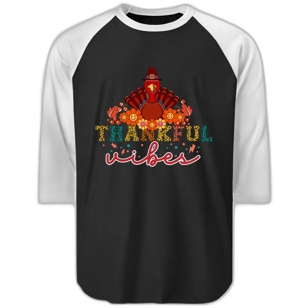Turkey Vibes Thanksgiving Design Raglan 3/4 in Black White